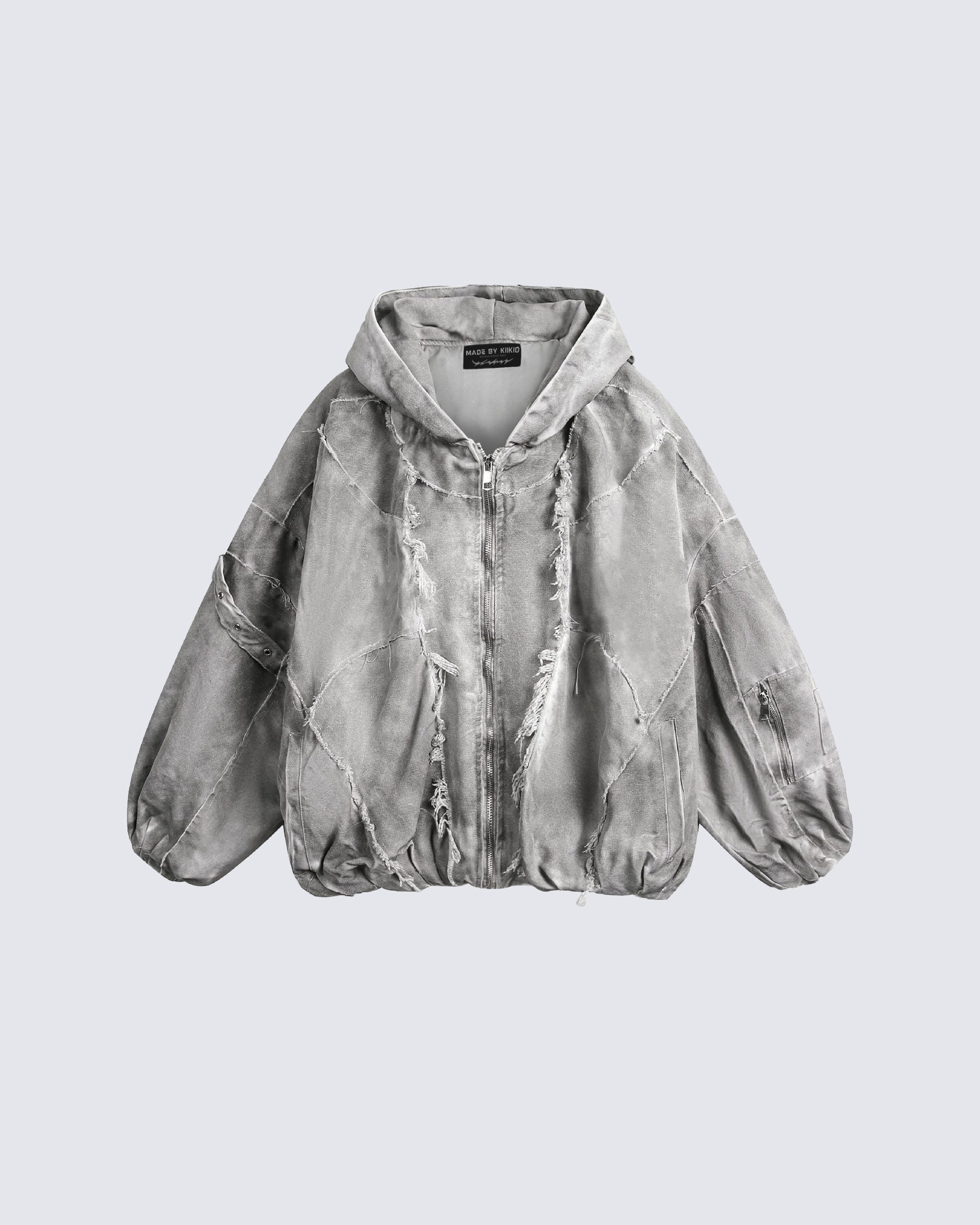 Distressed Patchwork Washed Zip Jacket