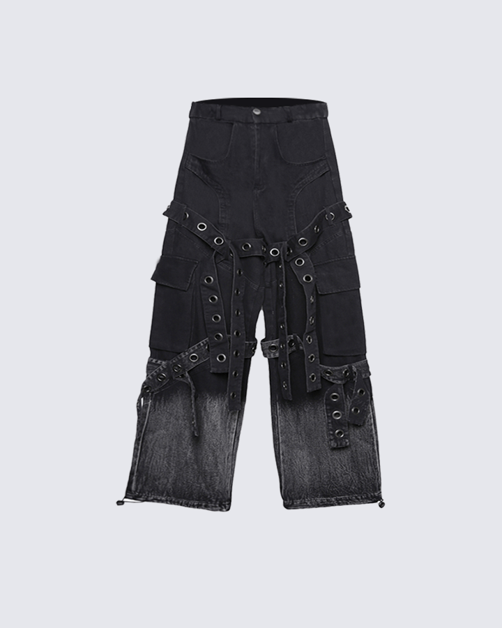 Punk Strap Eyelet Wide-Leg Cargo Pants