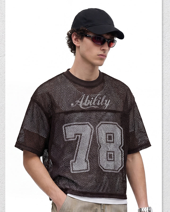 Black Mesh Number Print V-Neck T-Shirt