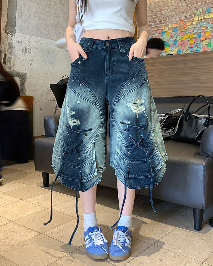 Distressed Lace-Up Washed Denim Shorts New