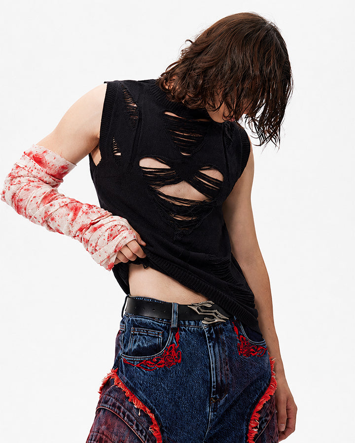 New Dark Distressed Cutout Sleeveless Knit Top