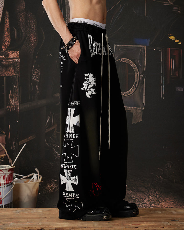 Black Gothic Letter Print Wide-Leg Sweatpants