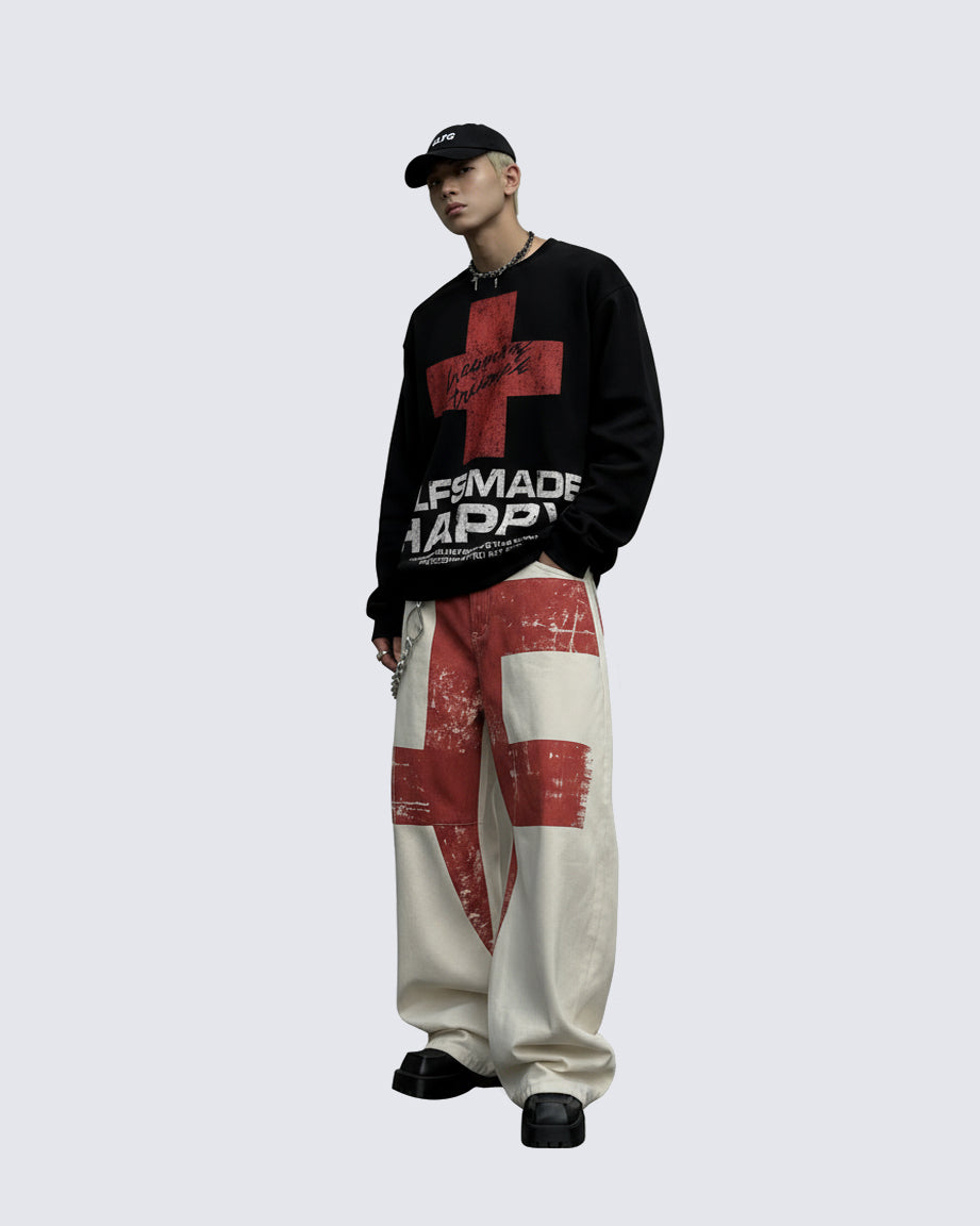 American Vintage Red Cross Chain Balloon Jeans New