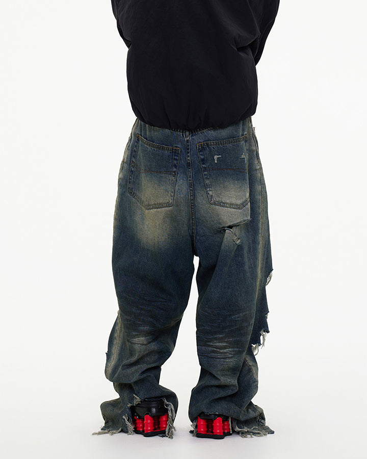 Grunge Distressed Raw Hem Wide Denim Pants New
