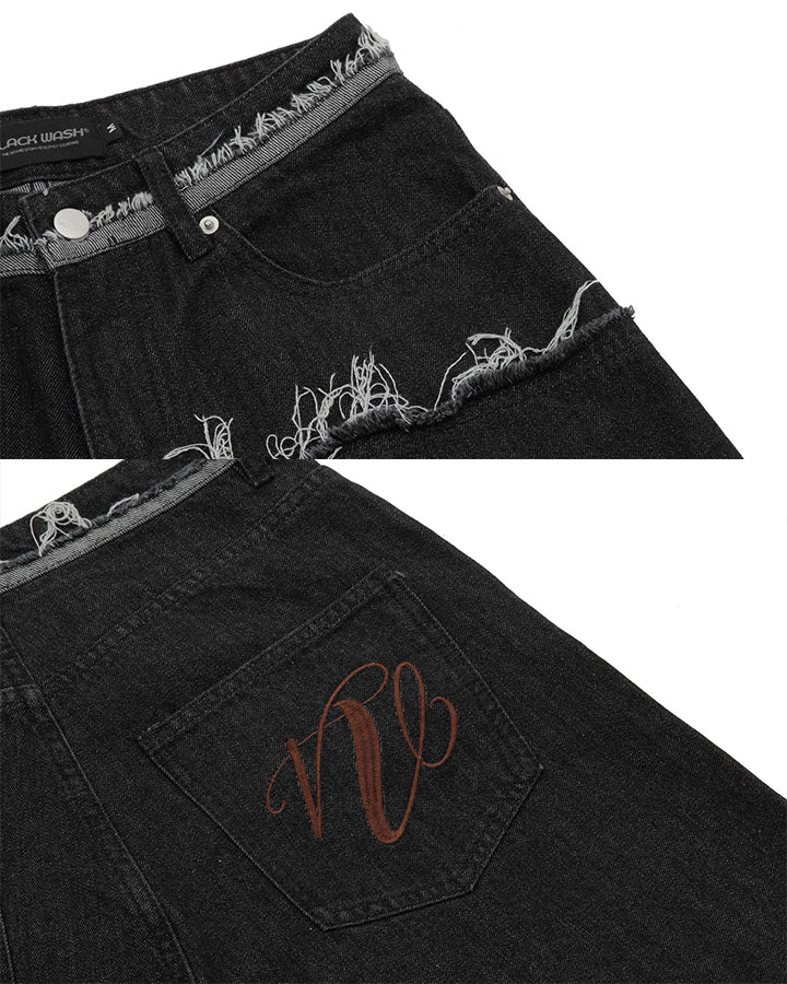 New Dark Raw Edge Cuffed Wide Denim Shorts