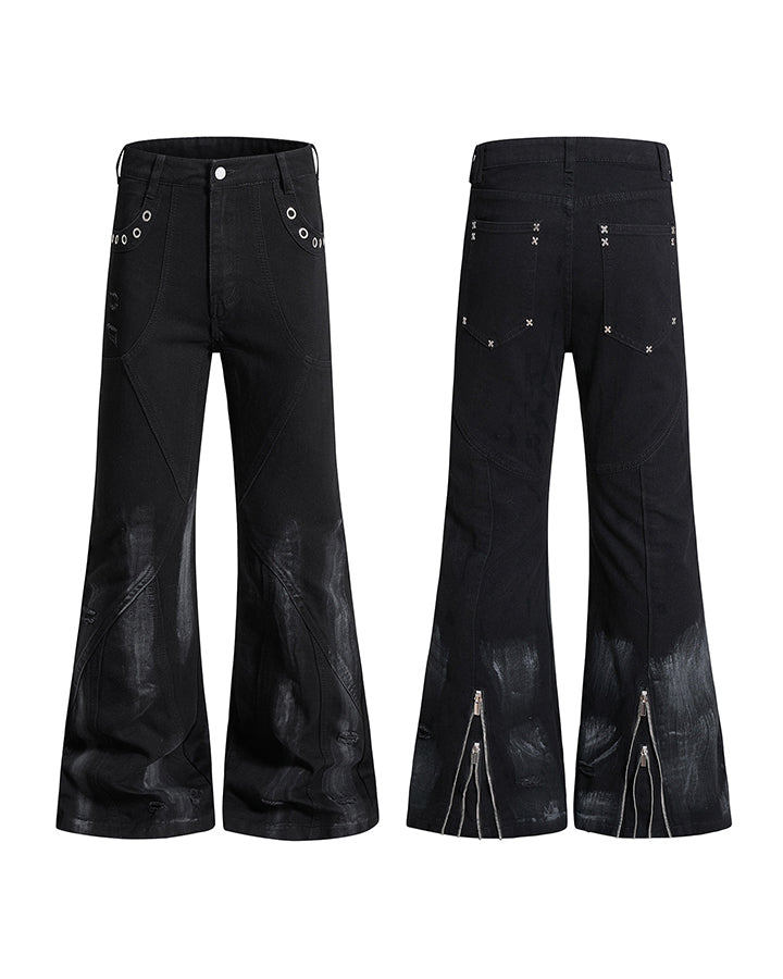 New Dark Gothic Punk Eyelet Zipper Flare Jeans
