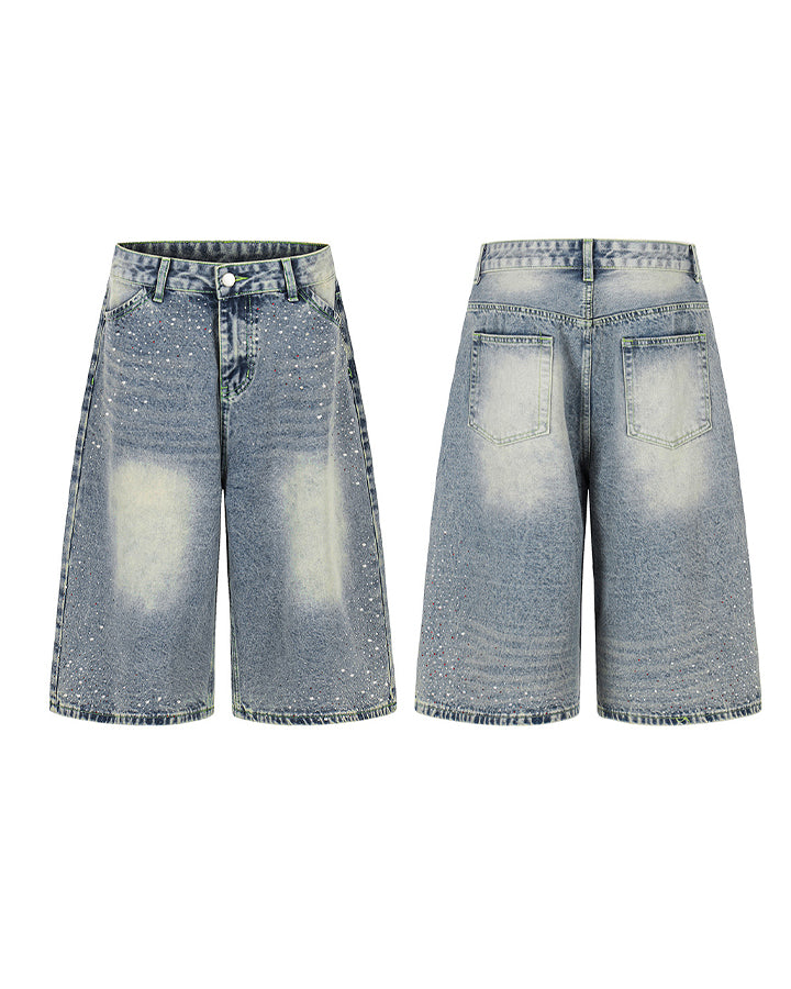 High Street New Rhinestone Washed Wide Denim Shorts