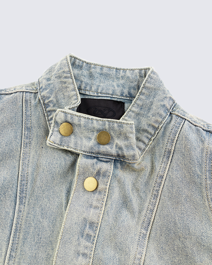Vintage Wash Denim Jacket with Zipper Pockets