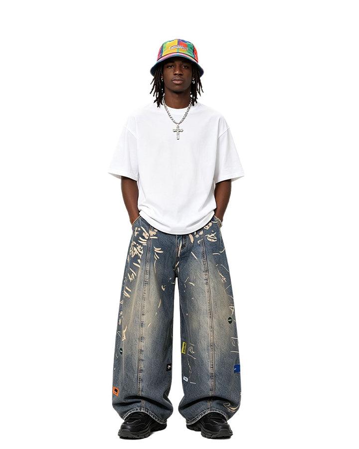 Vintage Graffiti Print Wide Leg Denim Pants New