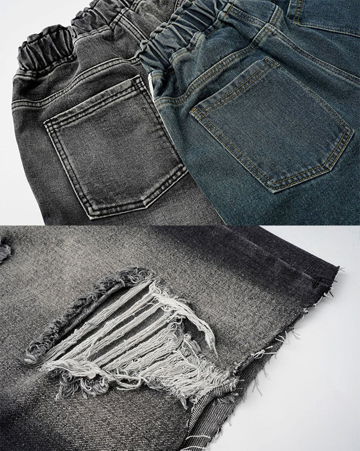 Grunge Drawstring Pocket Distressed Wide Denim Shorts