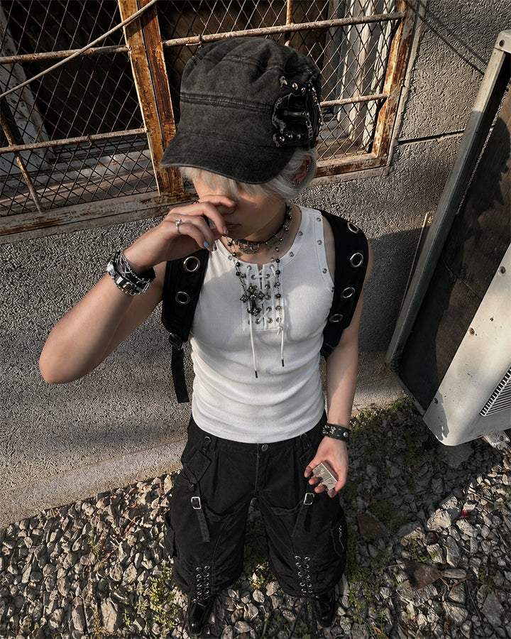 American Punk Lace-Up Rivet Tank Top New