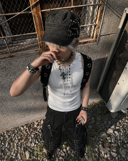 American Punk Lace-Up Rivet Tank Top New