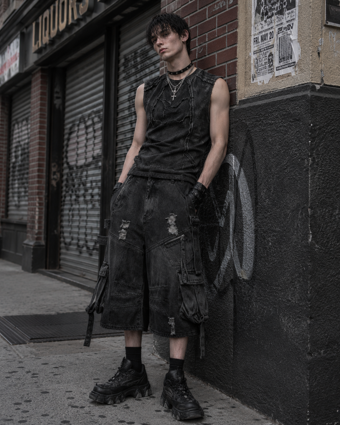 Dark Distressed Street Style Workwear Capri Pants