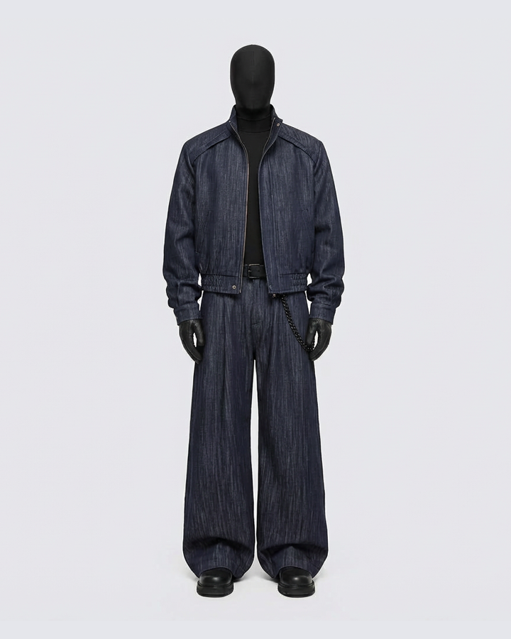 Denim Stand Collar Zip-Up Jacket