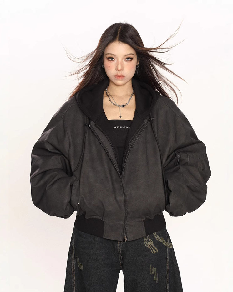 Black Leather Bomber Hoodie Jacket
