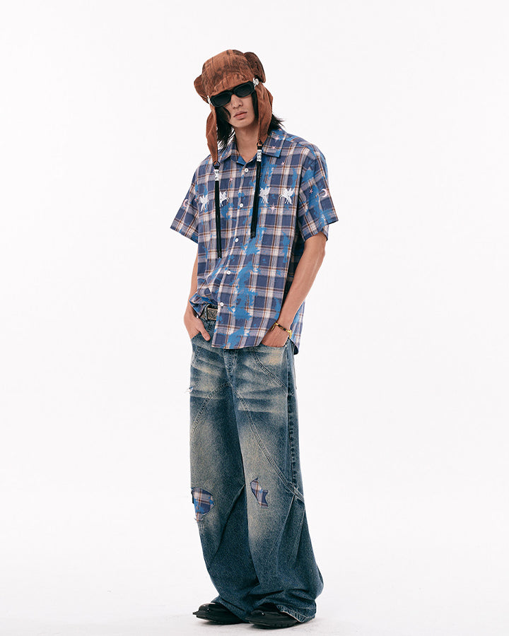 New Vintage Grunge Washed Patchwork Wide Barrel Jeans