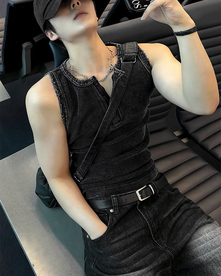GRYFT Vintage Washed Henley Neck Slim Fit Ribbed Tank Top