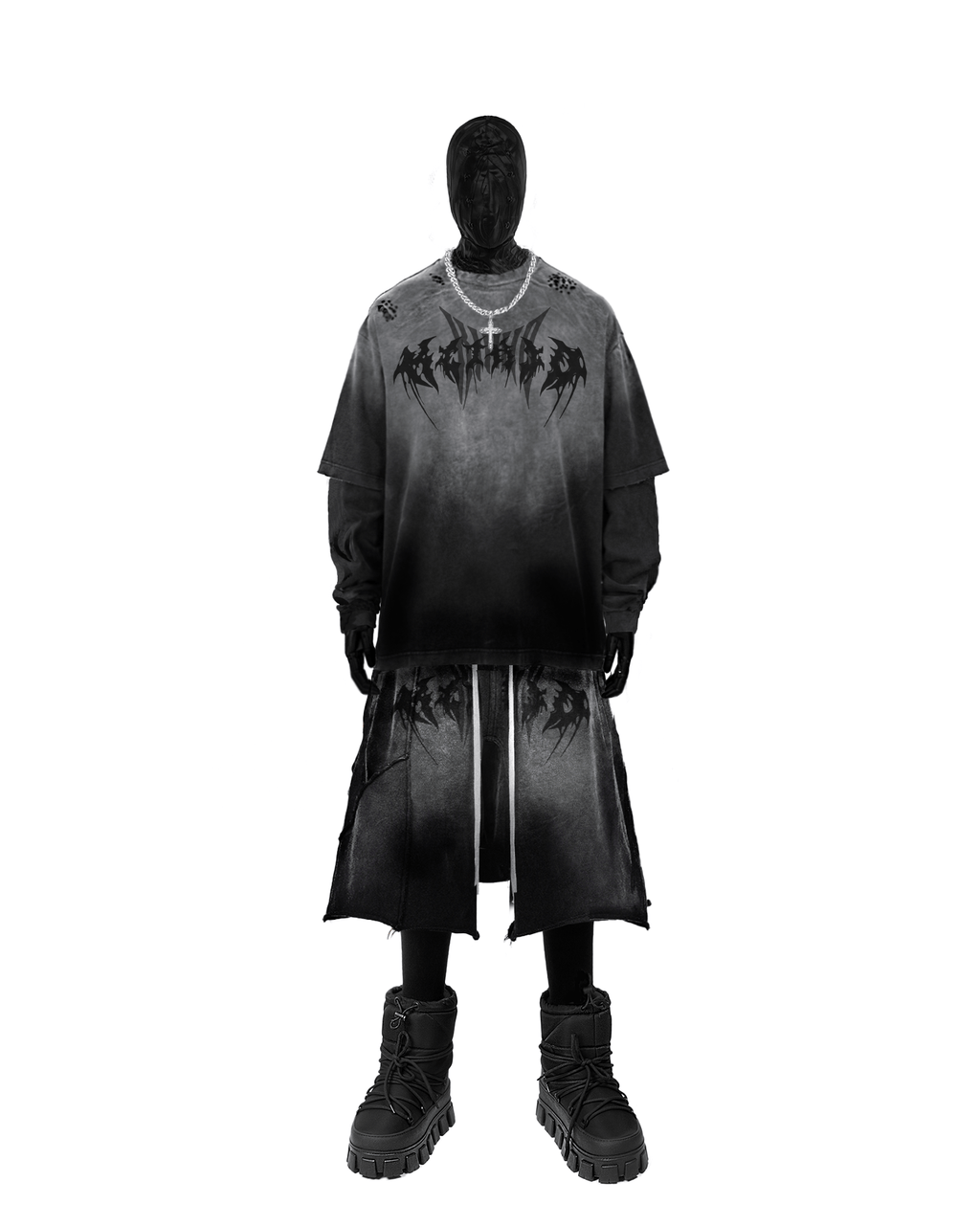 Distressed Black Drop-Crotch Shorts with Drawstring Waist