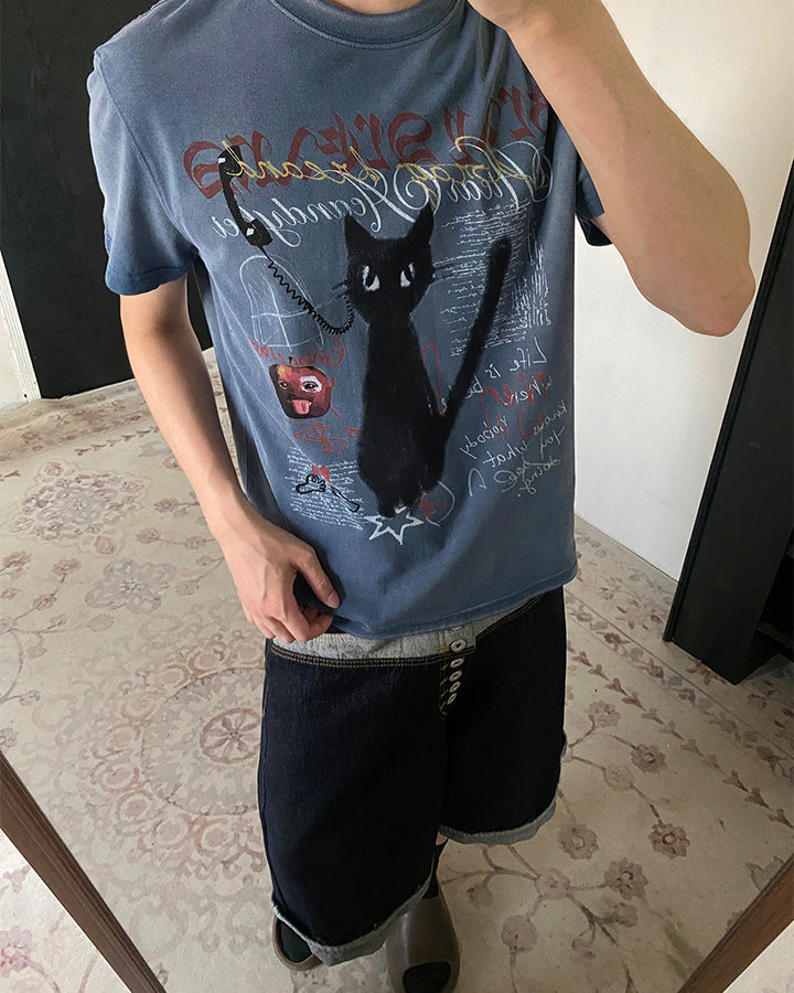 GRYFT Vintage Washed Cat Graphic Streetwear T-Shirt