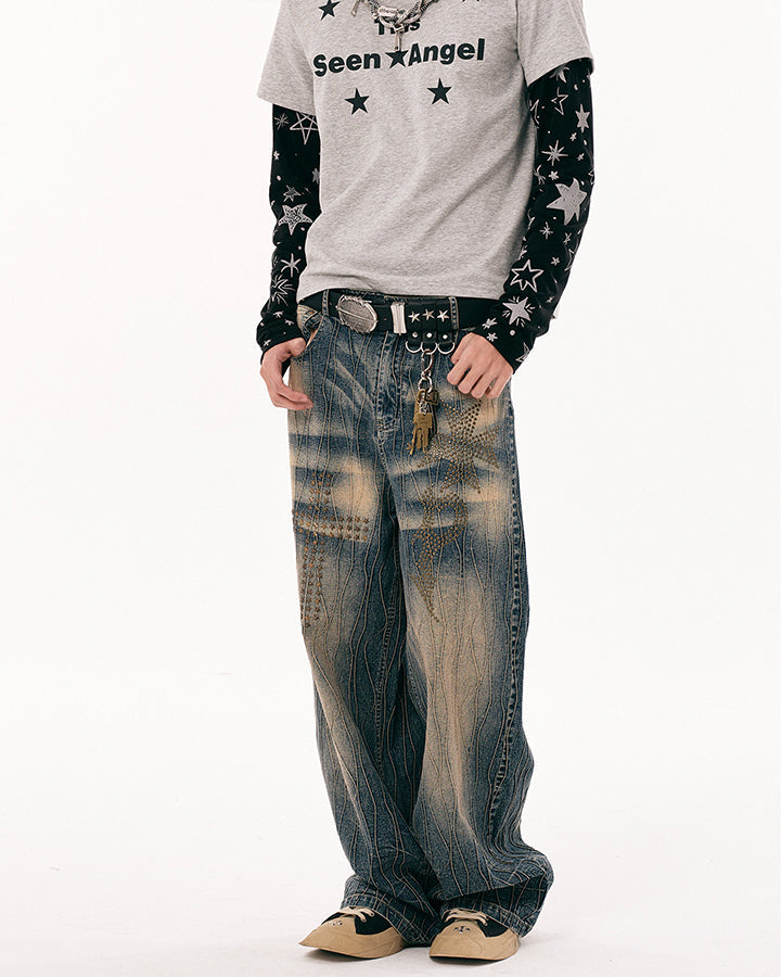 New Vintage Y2K Washed Cross Star Rhinestone Jeans