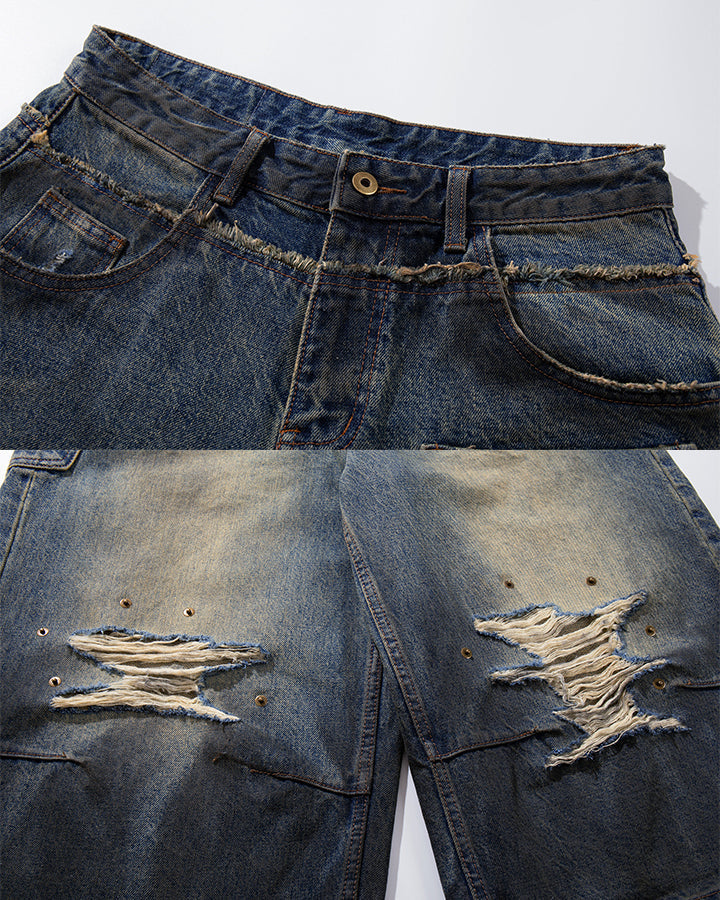 Vintage Distressed Washed Denim Cropped Shorts
