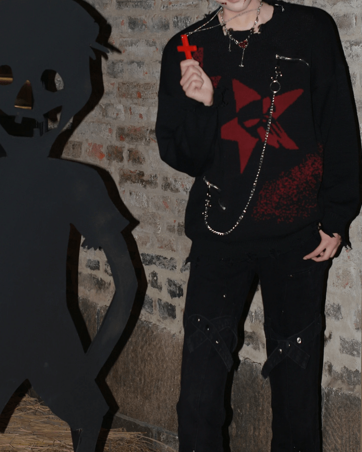 Punk Star Chain Distressed Knit Sweater