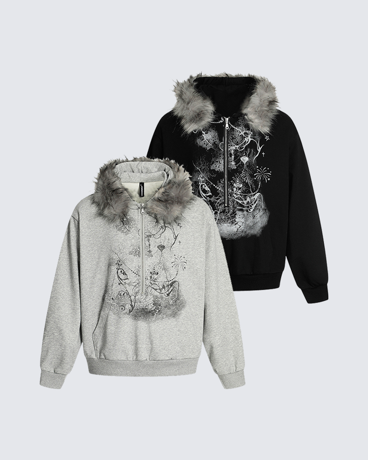 Lightweight Fuzzy Printed Half-Zip Cropped Hoodie