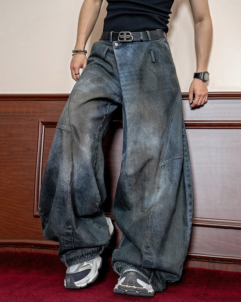 Washed Reverse-Waist Wide-Leg Jeans