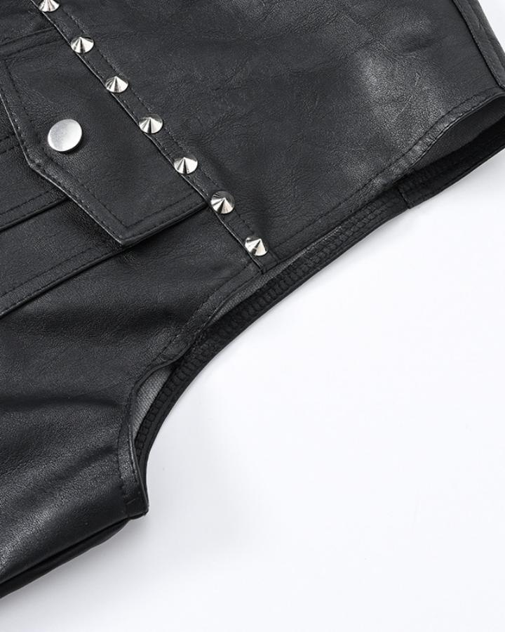 Collared Punk Vest With Rivets Motorbike Style