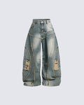 Distressed Wide-Leg Patchwork Jeans