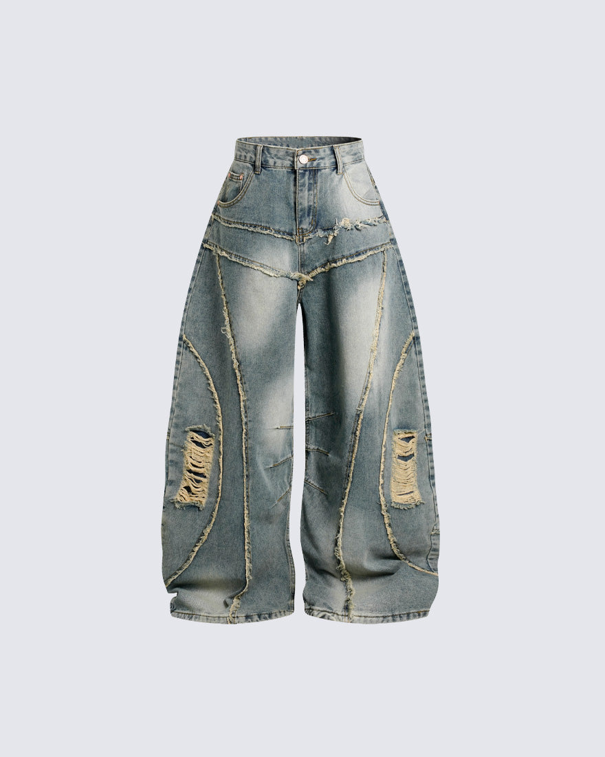 Distressed Wide-Leg Patchwork Jeans