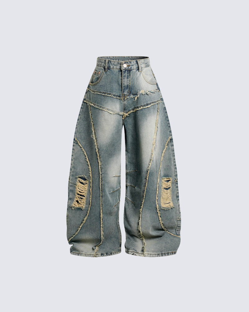 Distressed Wide-Leg Patchwork Jeans
