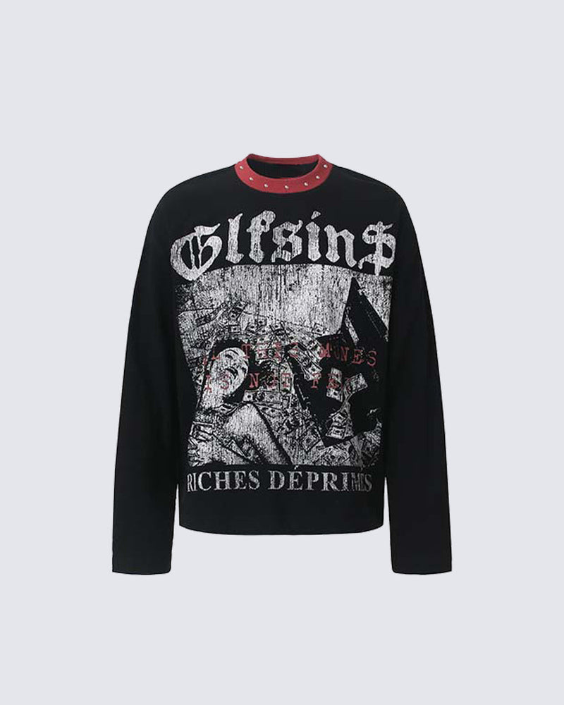American Vintage-Style Rivet-Detail Graphic T-Shirt
