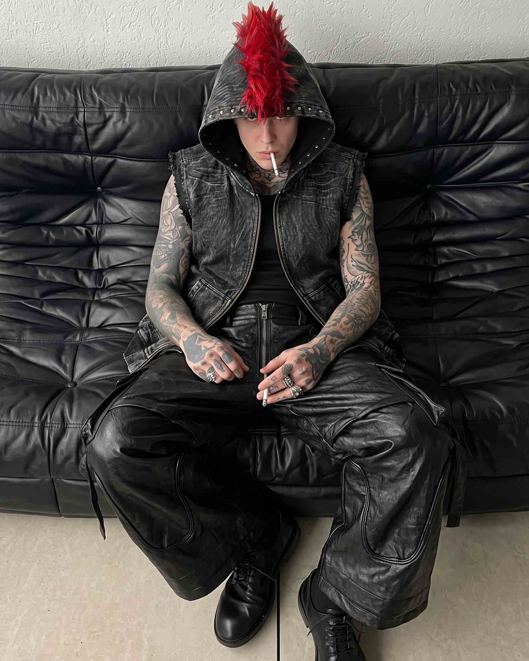 GRYFT RED RUST Series | Distressed Denim Hooded Vest