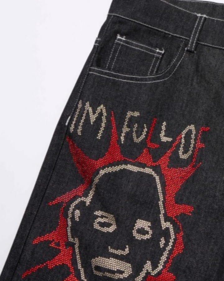 High Street Dark Style Graffiti Embroidered Jeans