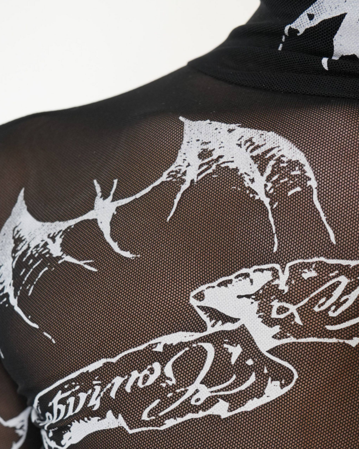 Gothic Mesh Long Sleeve Top with Graphic Print