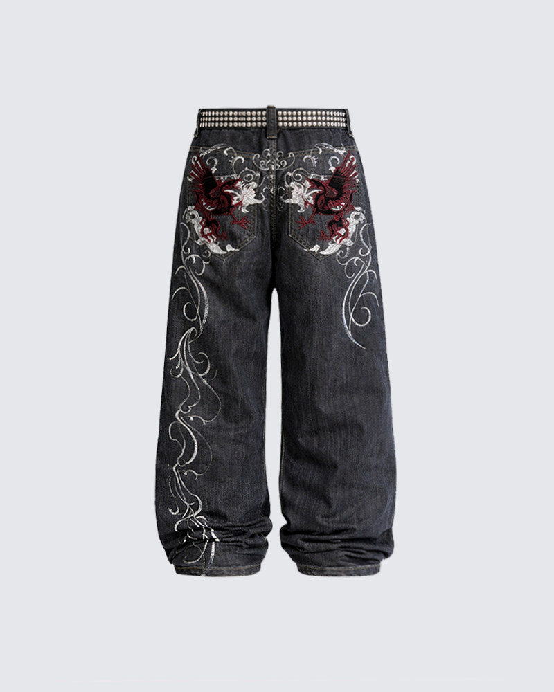 Dragon Embroidery Gothic Loose Denim Pants