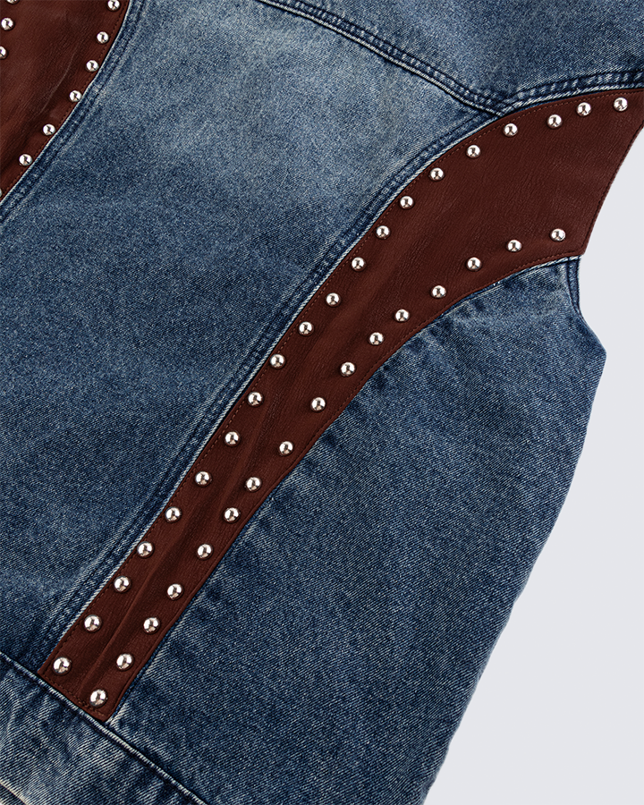 Leather Patch Studded Denim Vest