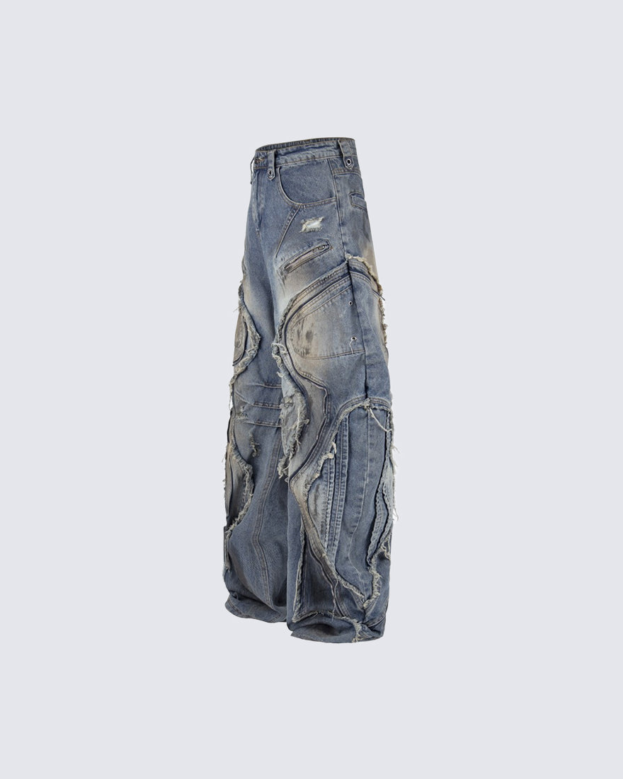 Dark Wavy Zipper Deconstructed Wide Denim Pants New