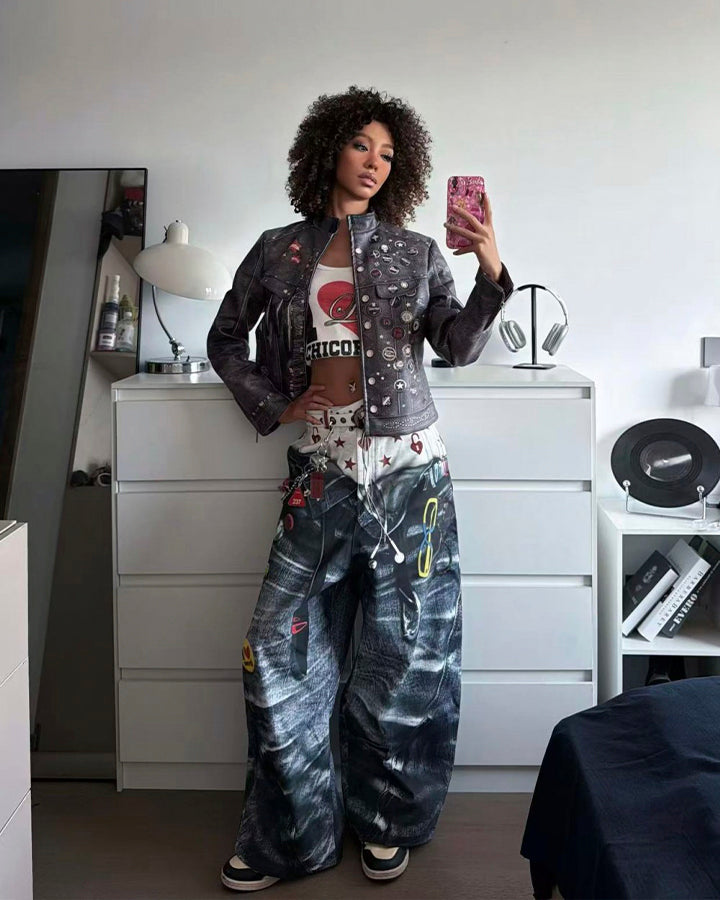 Print Denim Illusion Wide-Leg Pants
