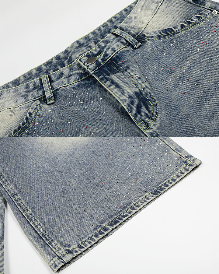 High Street New Rhinestone Washed Wide Denim Shorts