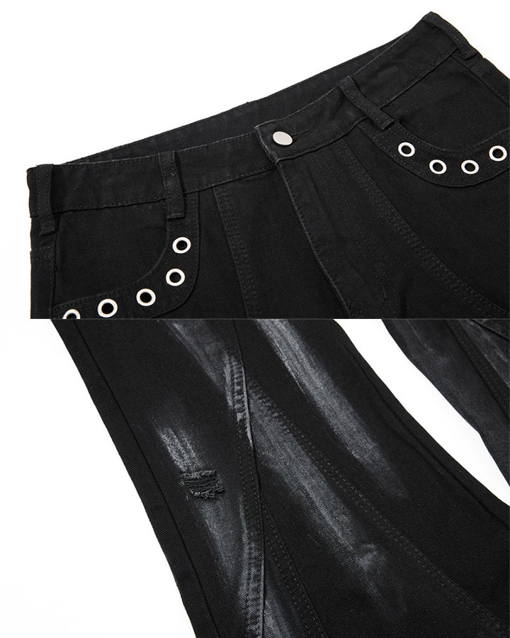 New Dark Gothic Punk Eyelet Zipper Flare Jeans