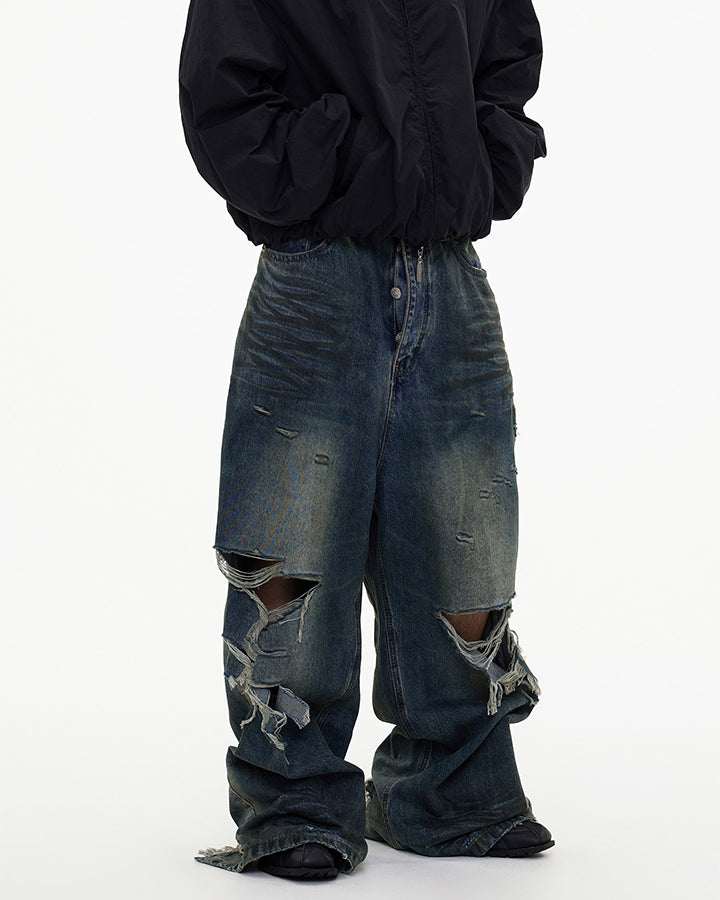 Grunge Distressed Raw Hem Wide Denim Pants New