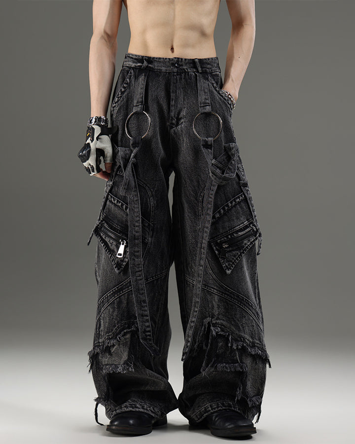 GRYFT Punk Washed Strap Cargo Wide-Leg Jeans
