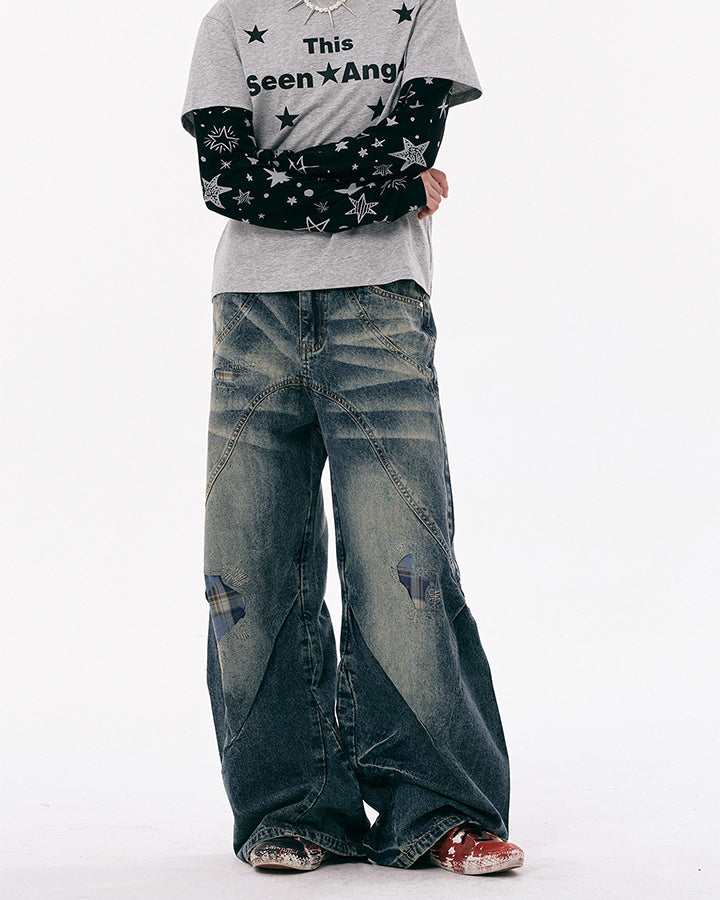 New Vintage Grunge Washed Patchwork Wide Barrel Jeans