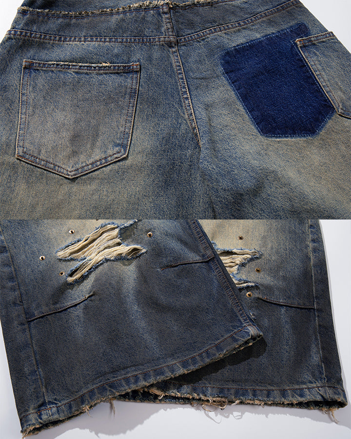 Vintage Distressed Washed Denim Cropped Shorts