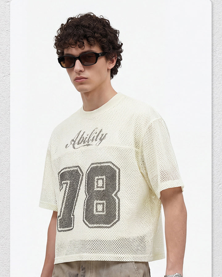Black Mesh Number Print V-Neck T-Shirt