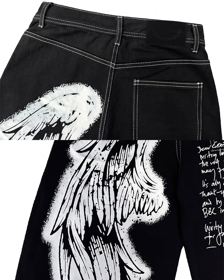 New Gothic Angel Wing Graffiti Wide Leg Jeans