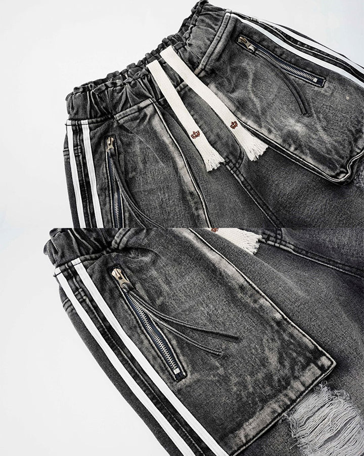 Grunge Drawstring Pocket Distressed Wide Denim Shorts