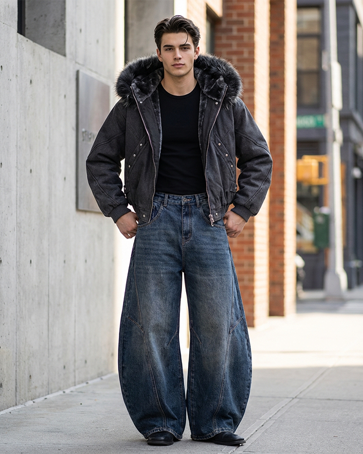 Retro Curved Blade Wide-Leg Denim Pants